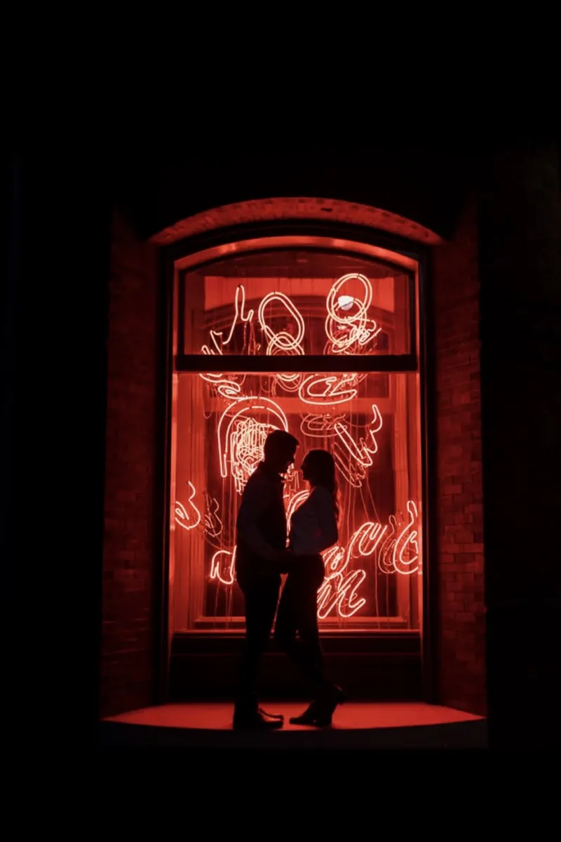 Couple framed in a red-lit window